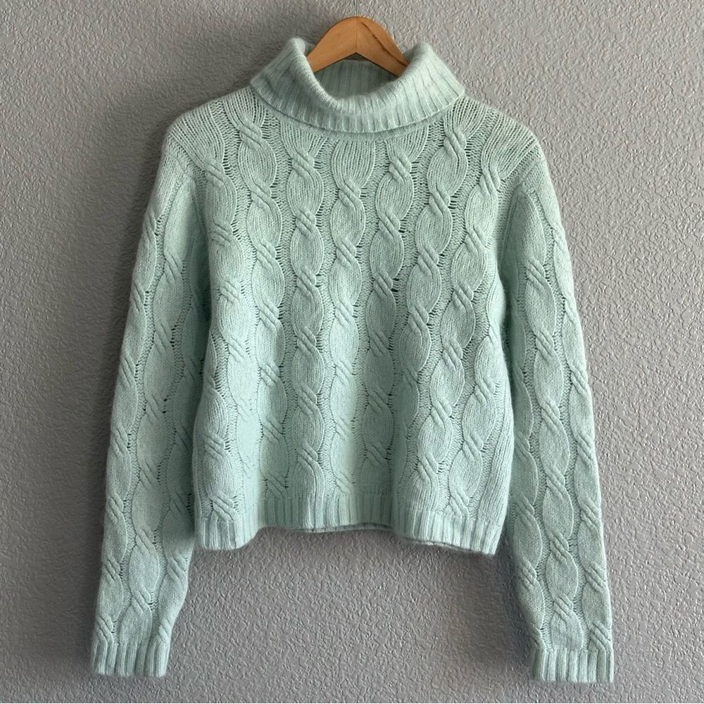 Vtg Alexandra Bartlett Wool Sweater Crop TurtleNeck Soft Sky Blue Long Sleeve XL